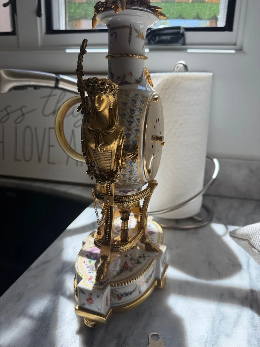 Marie Antoinette Ornate Gold and White Floral Mantel Clock by